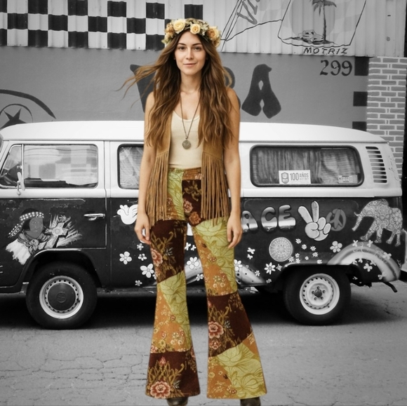 Urban Outfitters Velvet Patchwork Ruched V-Front Flare Floral Pants Side Zip 25 - Picture 1 of 11